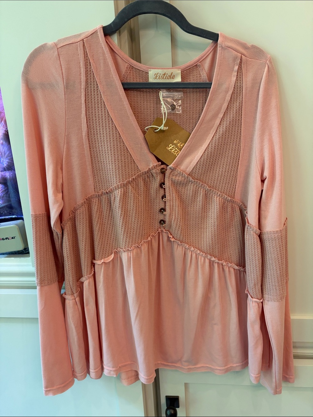 Listicle Dusty Pink Mixed-Knit V-Neck Long Sleeve Top